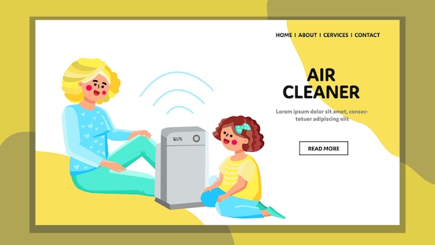 Urządzenie do oczyszczania powietrza rozważyć kobietę i dziewczynę wektor. matka i córka dziecko siedzi na podłodze w pobliżu elektronicznego gadżetowego filtra powietrza. znaki i sprzęt do czyszczenia sieci web płaskie ilustracja kreskówka