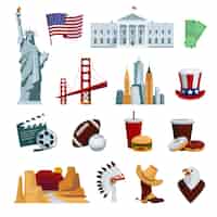 Bezpłatny wektor usa płaskie ikony ustawiać z amerykańskimi krajowymi symbolami i przyciąganiami