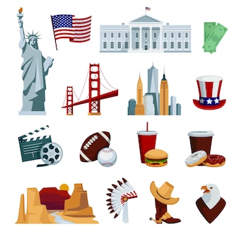 Usa Płaskie Ikony Ustawiać Z Amerykańskimi Krajowymi Symbolami I Przyciąganiami Darmowych Wektorów