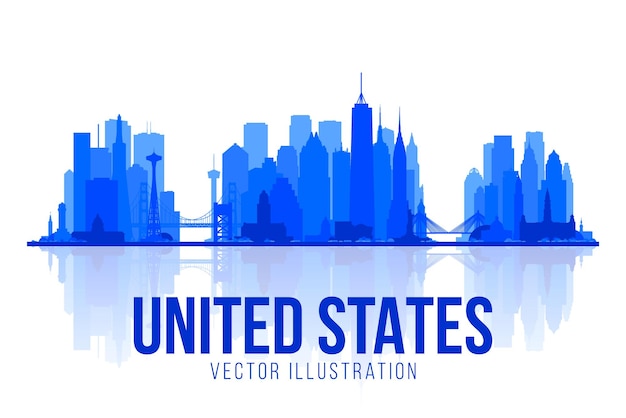 USA skyline Płaski wektor ilustracja kolaż z miasta stanów zjednoczonych w panoramie panoramy Koncepcja podróży biznesowych i turystyki Obraz do prezentacji transparentu strony internetowej