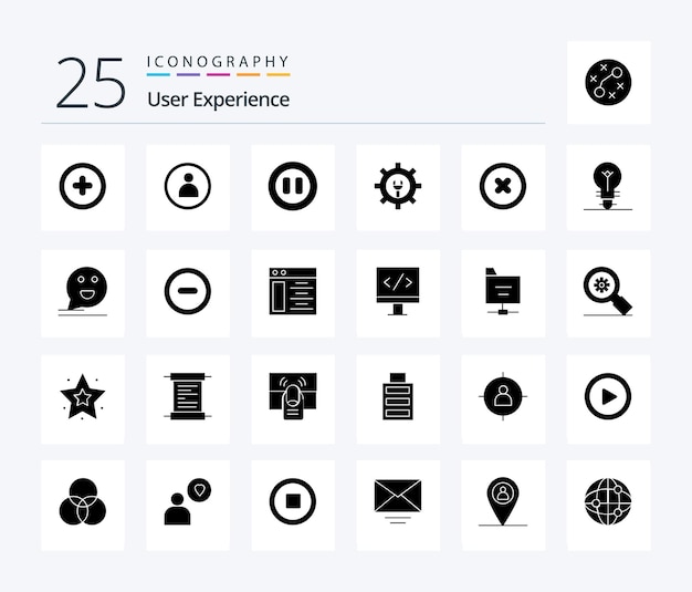 Bezpłatny wektor user experience 25 pakiet ikon solid glyph, w tym ustawienie klucza multimedialnego
