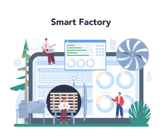 Bezpłatny wektor usługa online lub platforma przemysłu drzewnego suszenie drewna jako proces linii produkcyjnej w leśnictwie sterowanie suszarnią inteligentna fabryka online izolowana płaska ilustracja wektorowa