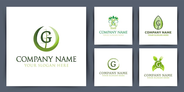 Bezpłatny wektor ustaw kolekcję początkową literę g monogram logo z ilustracją wektorową projektu logo nasion miski liści