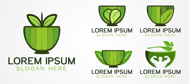 Ustaw miskę i liść, zdrowa żywność logo biznesu marki pakiet szablon wzory inspiracji na białym tle