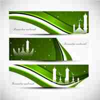 Bezpłatny wektor ustawić zielone faliste transparenty ramadan mubarak