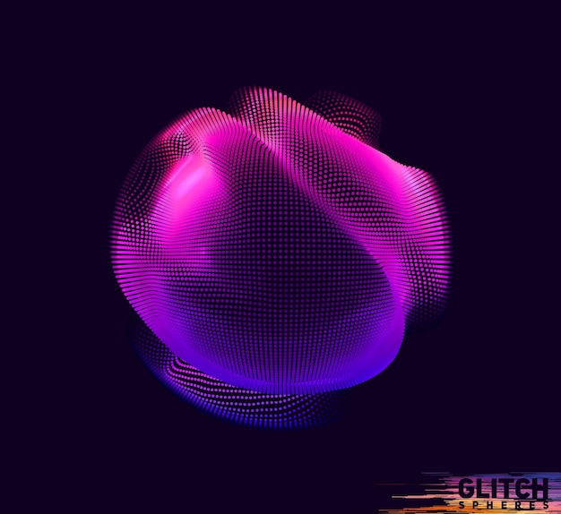 Uszkodzona sfera fioletowego punktu. Streszczenie kolorowe siatki na ciemnym tle. Karta w futurystycznym stylu.