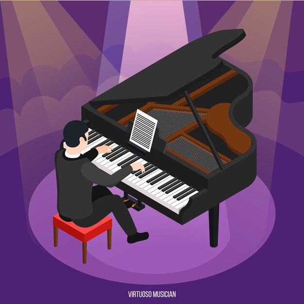 Utalentowany pianista podczas koncertu w promieniach lekkiej izometrycznej kompozycji na fioletowo