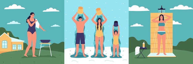 Utwardzający zdrowe życie zestaw trzech kompozycji plenerowych z członkami rodziny połykającymi się ilustracją wektorową zimną wodą