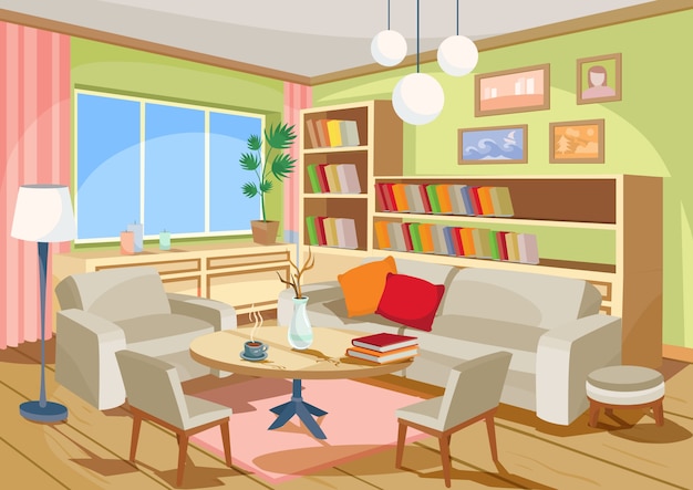 Bezpłatny wektor vector ilustracją przytulny wnętrze kreskówki w domu pokoju, pokój dzienny