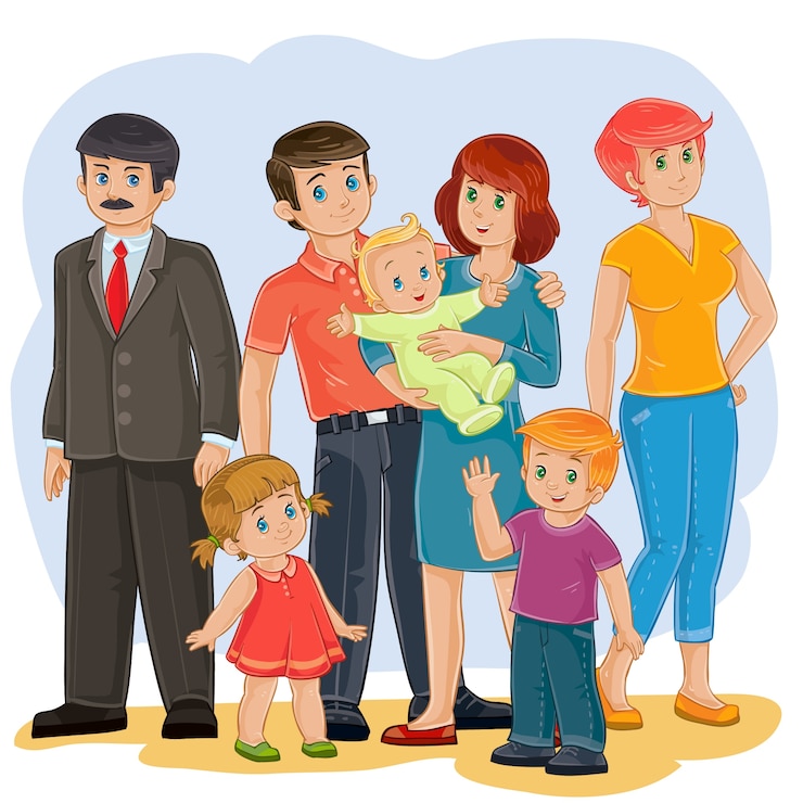 Bezpłatny plik Wektor vector szczęśliwa rodzina - dziadek, babcia, tata, mama, córka, syn i dziecko