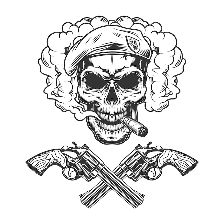 Bezpłatny plik Wektor vintage czaszki żołnierz monochromatyczne noszenie beret