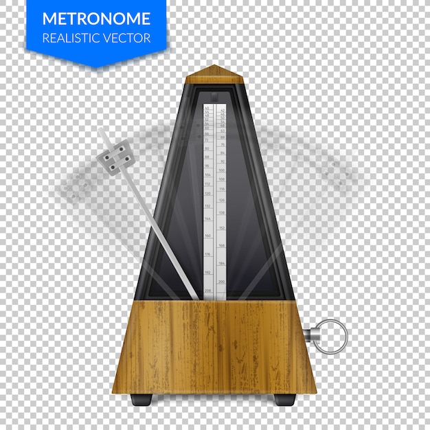 Vintage drewniany styl klasycznego metronomu z wahadłem w ruchu na przezroczystym realistycznym