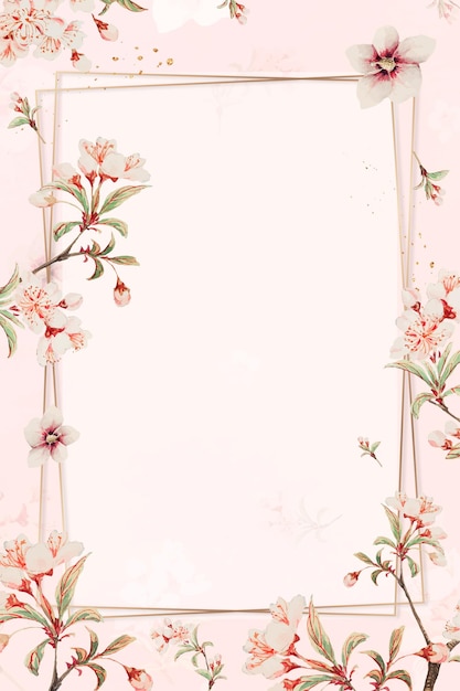 Vintage japońska ramka kwiatowa z kwiatami wiśni i hibiskusem, remiks z dzieł Megaty Morikaga