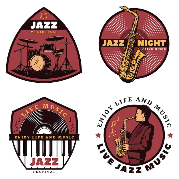 Bezpłatny wektor vintage kolorowe emblematy muzyki jazzowej na żywo
