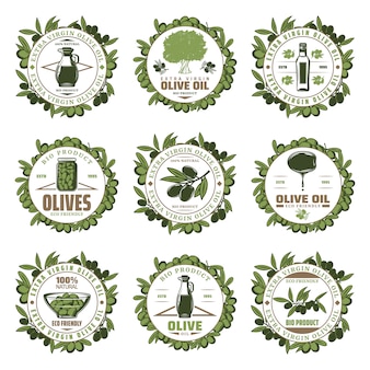 Vintage kolorowe emblematy oliwne zestaw z napisami gałęzie drzew słoiki butelka produktów oliwy z oliwek extra virgin na białym tle