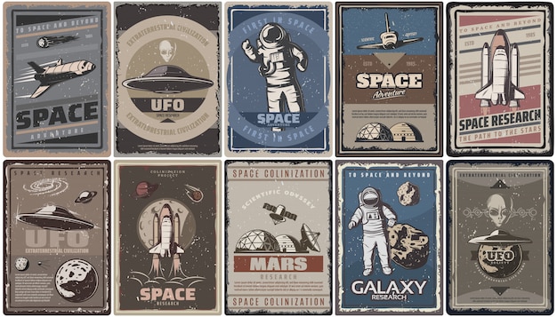 Bezpłatny wektor vintage kolorowe plakaty kosmiczne ze statkami kosmicznymi ufo, planetami, astronautami, asteroidami, kolonizacja marsa i badania izolowane