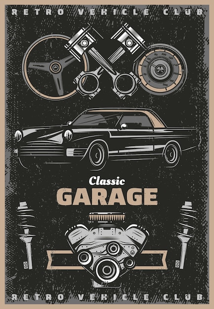 Bezpłatny wektor vintage kolorowy plakat serwisowy w klasycznym garażu z tłokami silnika retro samochodu amortyzatory prędkościomierza kierownicy