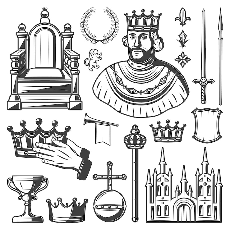 Bezpłatny plik Wektor vintage królewskie elementy zestaw z tronem króla wieniec laurowy miecz lanca korona trąbka monarchia kula zamek tarcza berło puchar na białym tle