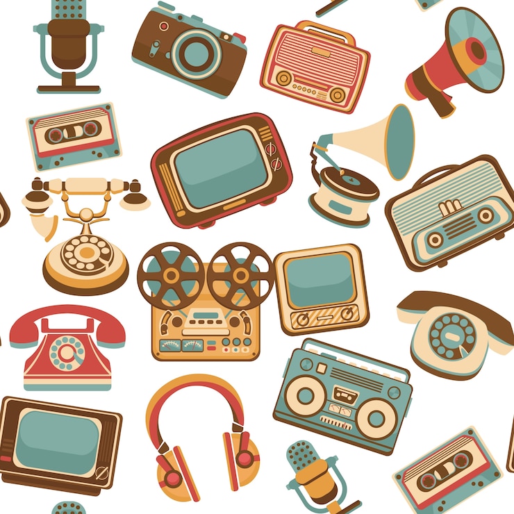 Bezpłatny plik Wektor vintage mediów gadżetów kolorowych wzorek bez szwu z rocznika elektronicznych urządzeń wektorowych ilustracji