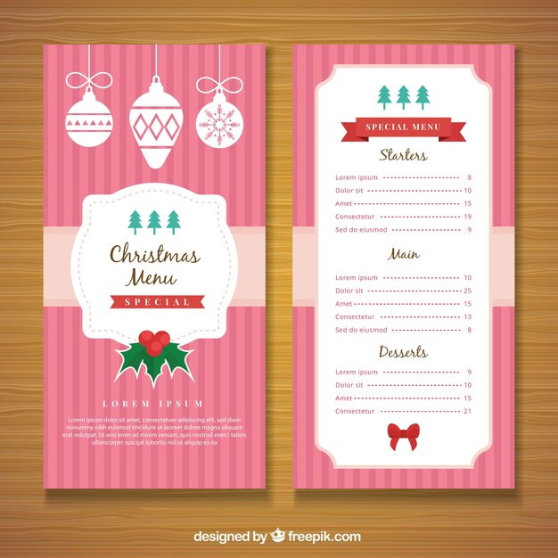 Vintage menu Boże Narodzenie z dekoracyjnymi kulkami