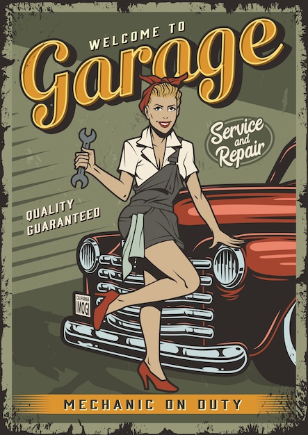 Bezpłatny wektor vintage plakat szablon usługi garażu z pin up girl mechanik