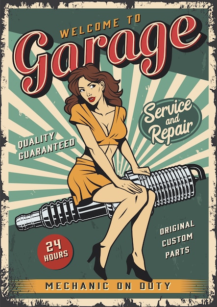 Bezpłatny wektor vintage plakat szablon usługi garażu z pin up girl