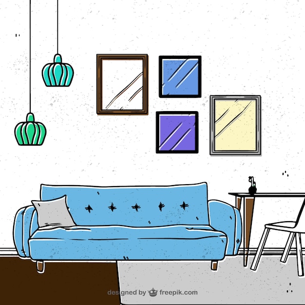 Bezpłatny wektor vintage pokój dzienny z niebieskim kanapie