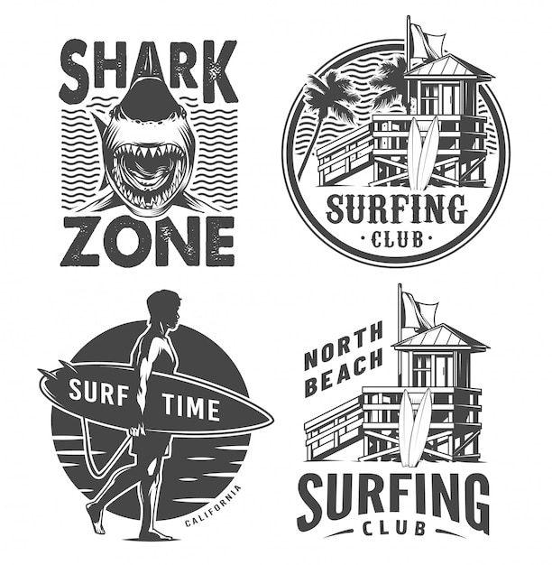 Bezpłatny wektor vintage surf logo monochromatyczne zestaw