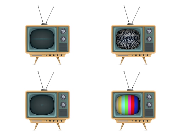 Bezpłatny wektor vintage telewizor, telewizor. włączanie, wyłączanie, biały szum, karta testowa, uruchomienie
