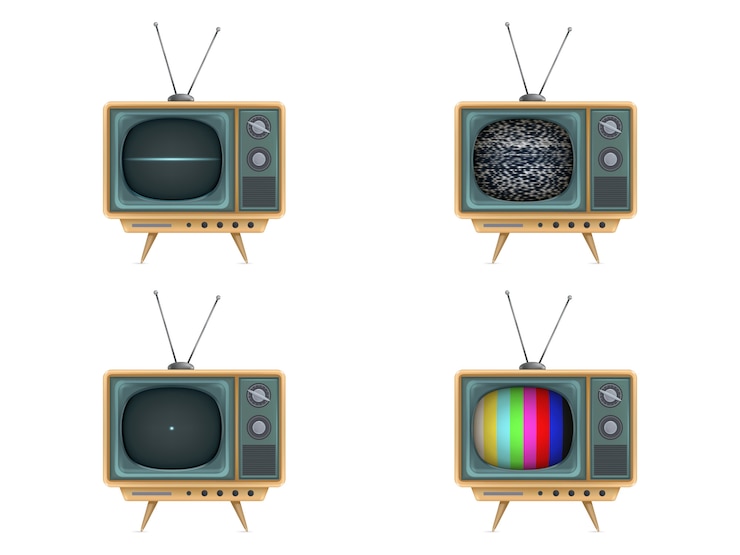 Bezpłatny plik Wektor vintage telewizor, telewizor. włączanie, wyłączanie, biały szum, karta testowa, uruchomienie
