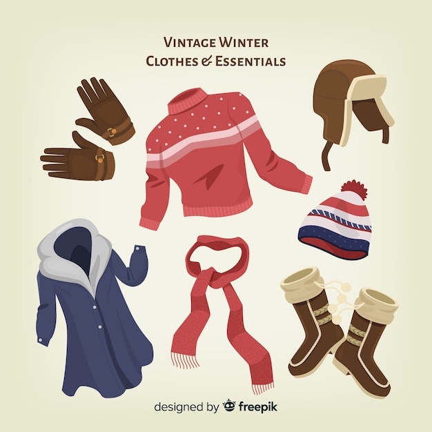 Bezpłatny wektor vintage zimowe ubrania i niezbędne rzeczy
