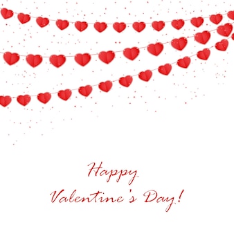 Walentynki tło z konfetti i czerwone proporczyki w formie serca, ilustracja.