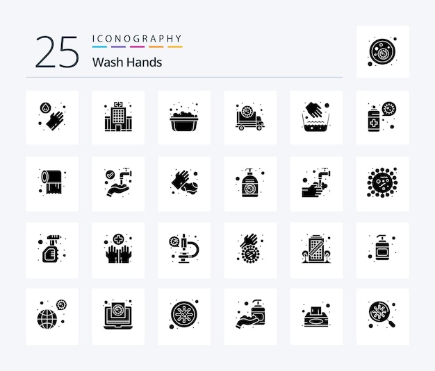Bezpłatny wektor wash hands 25 pakiet ikon solid glyph, w tym korona transmisji wirusa higieny do mycia rąk