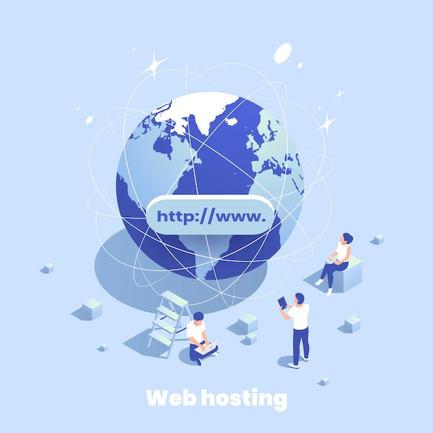 Bezpłatny wektor web hosting ikony izometryczny skład edytowalnego tekstu i obrazu kuli ziemskiej z ilustracjami wektorowymi ludzkich postaci