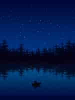 Bezpłatny wektor wędkowanie w nocy w pobliżu lasu z łodzi i pręt płaski ilustracji wektorowych