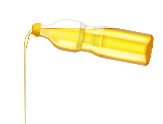 Bezpłatny wektor wegetariańska koncepcja reklamy żywności ekologicznej z olejem słonecznikowym wlewającym się z realistycznej ilustracji wektorowych z plastikowej butelki