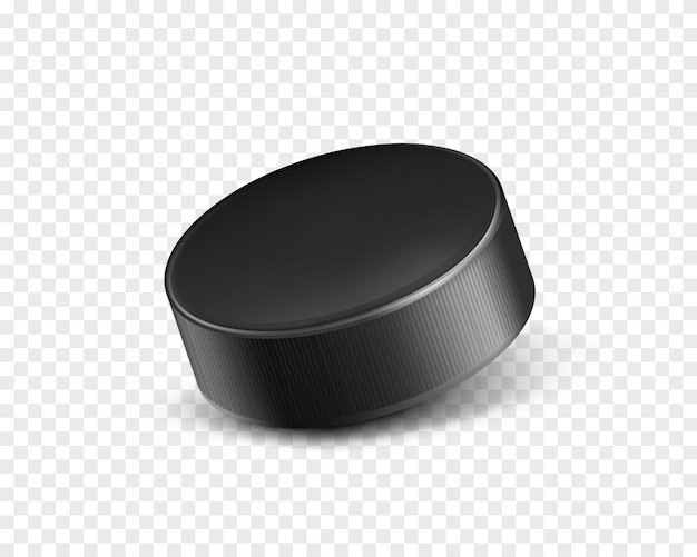 Wektor 3d realistyczny czarny gumowy krążek zbliżenie do gry w hokeja na przezroczystym tle. Sprzęt sportowy, ekwipunek lub dysk twardy do gry zespołowej na lodowisku, zawody.