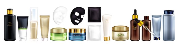Wektor 3d realistyczny duży zbiór produktów kosmetycznych - szampon, maska nawilżająca, fundacja i