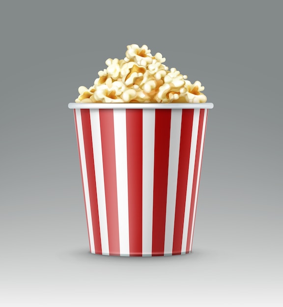 Wektor białe i czerwone paski wiadro ziaren popcornu z bliska widok z boku na białym tle na szarym tle