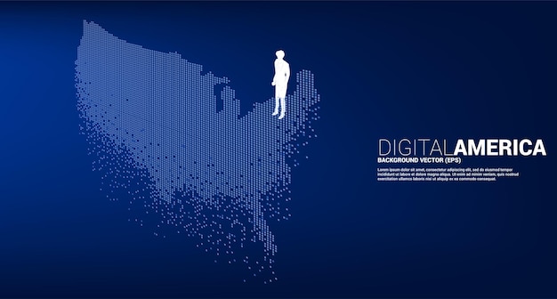 Wektor biznesmen stojący z mapą stanów zjednoczonych z kwadratu pikseli. koncepcja połączenia sieci cyfrowej ameryki.