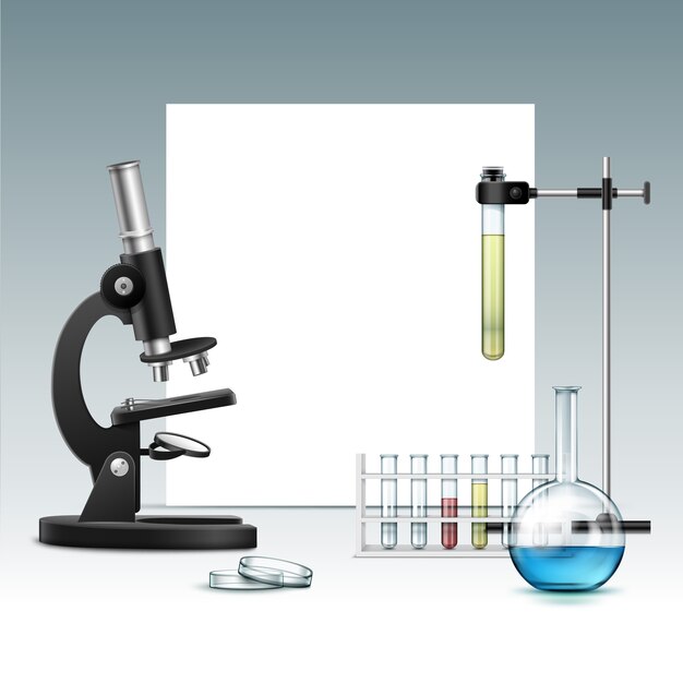 Wektor czarny metalowy mikroskop optyczny z przezroczystą szklaną płytką Petriego, kolbą, probówkami z zieloną czerwoną cieczą, stojak laboratoryjny i copyspace na białym tle