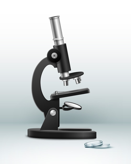 Wektor czarny metalowy mikroskop optyczny z widokiem z boku szalki Petriego na białym tle na tle