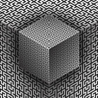 Wektor czarny monochromatyczny hilbert krzywa wzór fraktal powierzchni kostki streszczenie iluzja dekoracji tła