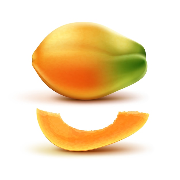 Wektor dojrzałe pomarańczowe, zielone całe i cięte papaja na białym tle