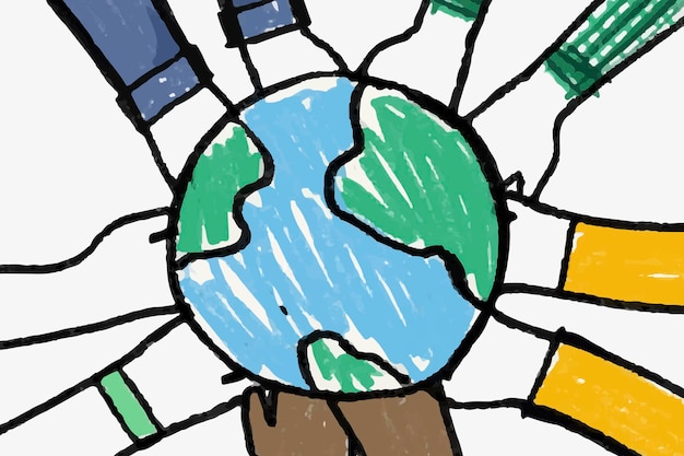 Bezpłatny wektor wektor doodle środowiska, trzymając się za ręce glob