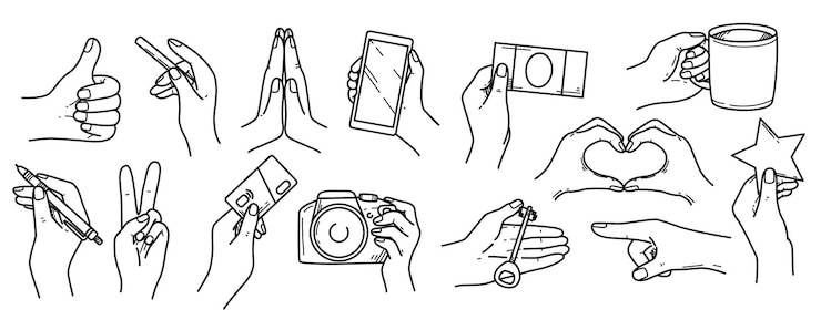 Bezpłatny plik Wektor wektor doodle zestaw kobieta trzymając się za ręce kubek długopis pieniądze klucz karta bankowa smartphone i papieros ręka d