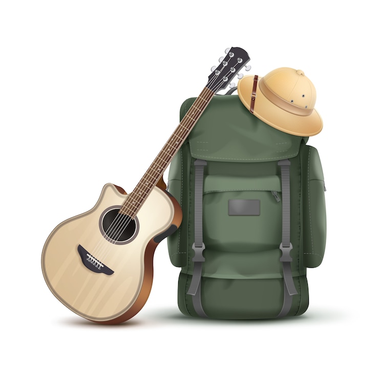 Bezpłatny plik Wektor wektor duży zielony plecak z kapeluszem safari i gitarą na białym tle