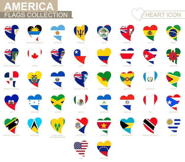 Wektor flaga kolekcja krajów amerykańskich. zestaw ikon serca.