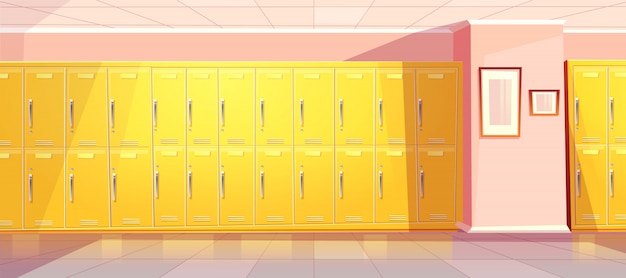Bezpłatny wektor wektor kreskówka szkoły lub kolegium korytarz z jasne żółte szafki dla studentów, uczniów. universit