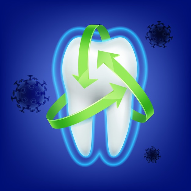 Wektor ochrony zielonej strzałki wokół zęba przed atakiem bakterii na niebieskim tle